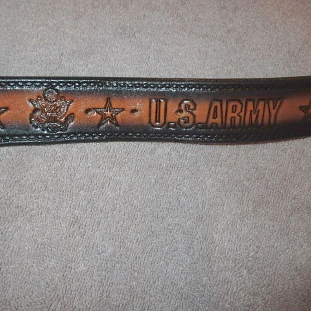 United States Army Mens Leather Belt Size 32-36 Buckle Emblem Brown USA Military
